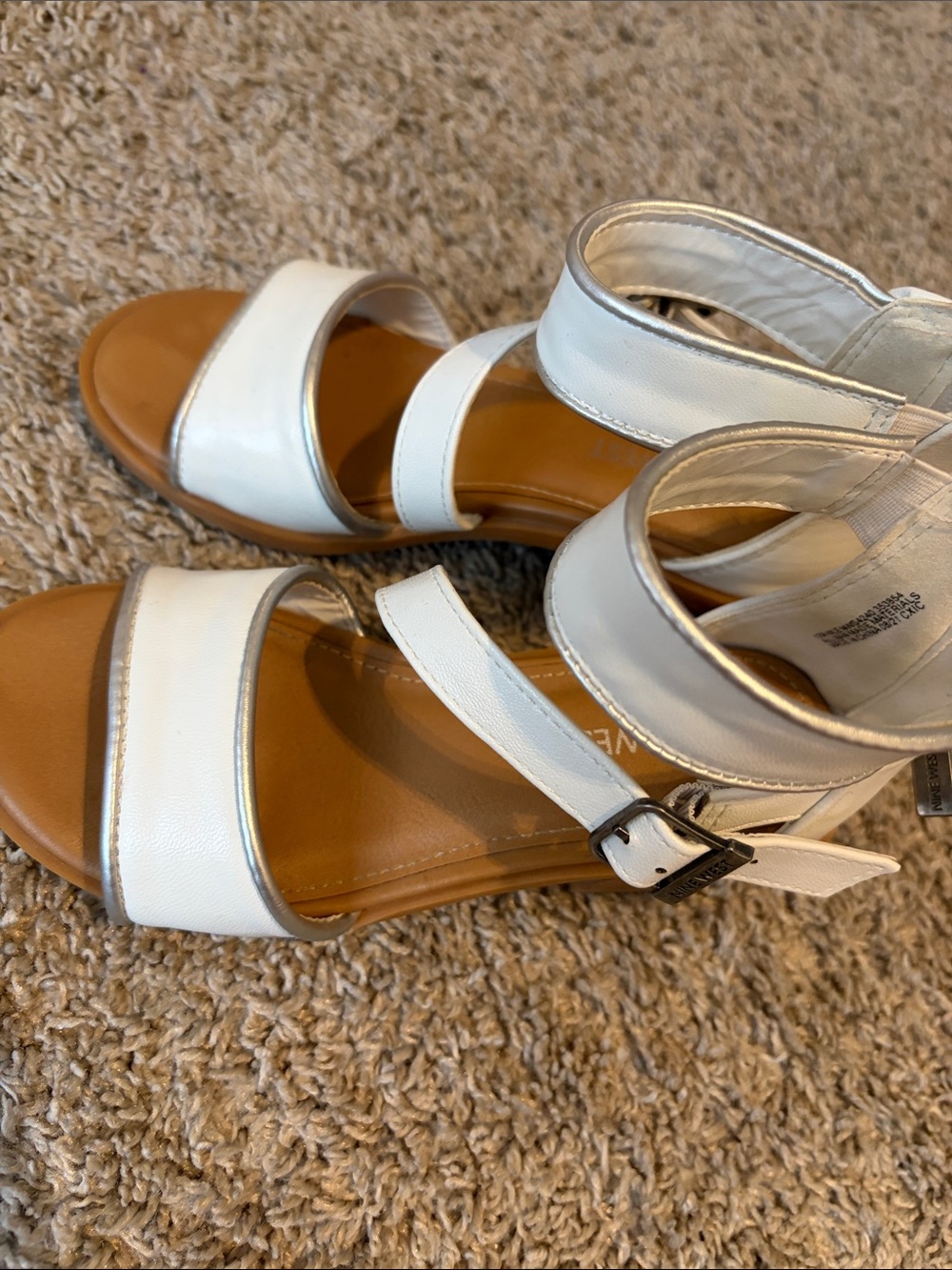Nine West White and Silver Strappy Block Heel Sandals